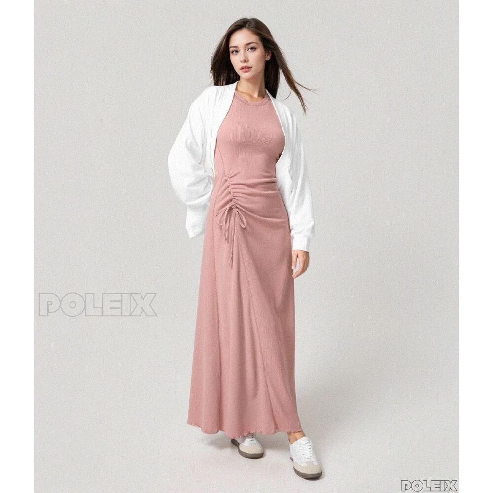 Halara Stunning Maxi Dress with Flare Hem Ribbed Lettuce Edge Long Sleeve S NWT - Picture 4 of 15